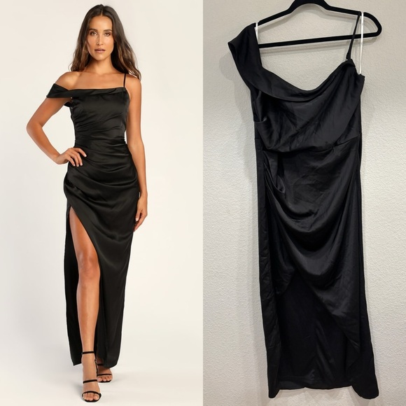 Lulus Dresses & Skirts - NWOT Lulus Lush Love Black Satin Asymmetrical Off-the-Shoulder Dress
